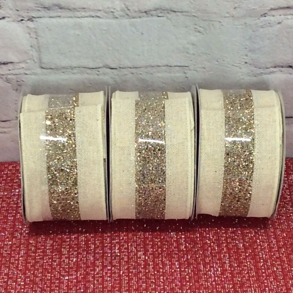 Celebrate it Christmas Ribbon 3 Rolls Burlap w/Gold Glitter Stripe 2.5” x 25’ Ea - Picture 4 of 6